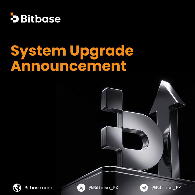 A dark announcement graphic titled 'System Upgrade Announcement' features the 'Bitbase' logo, a large metallic 'b' with an upward arrow, and contact info including 'Bitbase.com' and '@Bitbase_EX'.