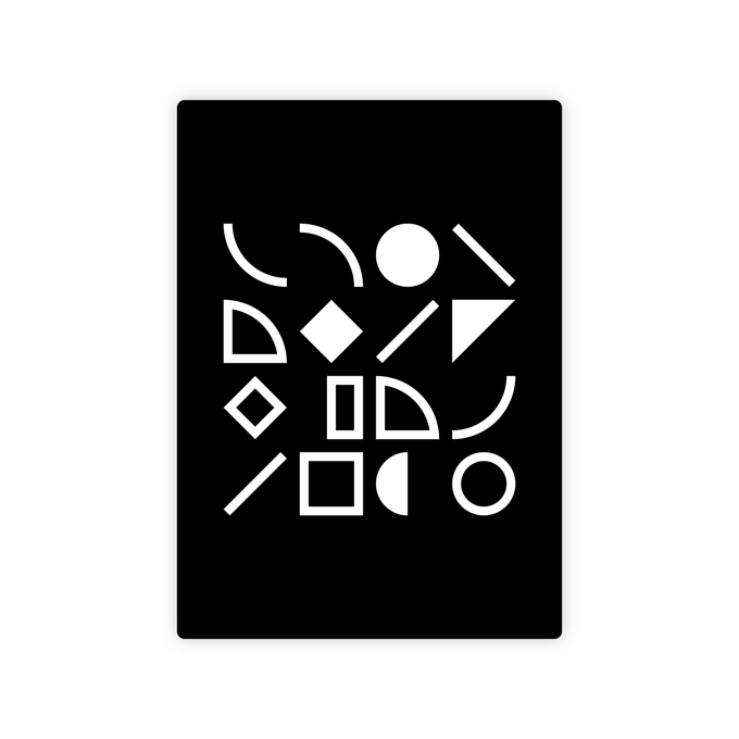 A black rectangular card or poster features a minimalist white geometric design composed of circles, squares, triangles, diamonds, and lines arranged in an abstract pattern.