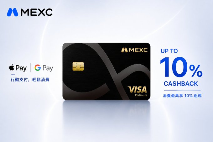 An advertisement for a MEXC Visa Platinum credit card offering up to 10% cashback, compatible with Apple Pay and Google Pay.