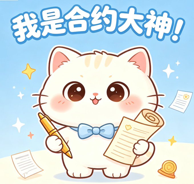 Cute cartoon white cat illustration holding a scroll and pen with Chinese text '我是合约大神!' (I am the contract god!) on a blue starry background.