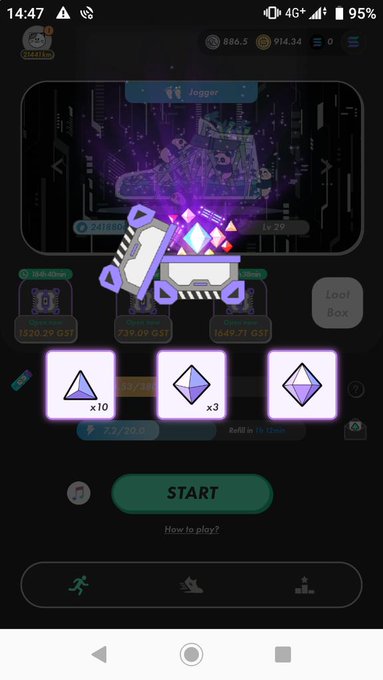 A mobile game screen showing a purple glowing boot item at level 29 with rewards below: a purple triangle (x10), a purple diamond (x3), and another purple diamond, with a green 'START' button.
