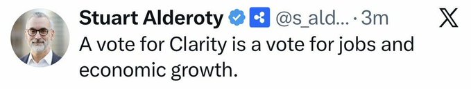 A screenshot of a tweet from Stuart Alderoty (@s_ald…) reading "A vote for Clarity is a vote for jobs and economic growth." His image shows him as an older man with gray hair, a beard, and glasses, accompanying the post's message about his support for the Clarity Act.