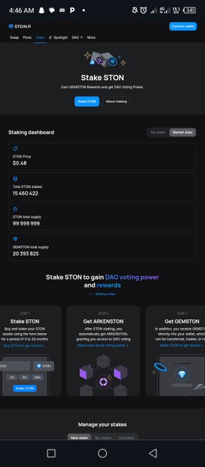 A mobile screenshot of the STON.fi staking dashboard showing a STON price of $0.48, with options to stake STON to gain DAO voting power and ARKENSTON rewards.