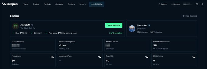 A screenshot of the Bullpen "Claim" page showing a profile for ANSEM (@blknoiz06, "The Black Bull") with a "Trade $ANSEM" button and stats indicating the user holds $ANSEM with a holding time of less than 1 hour and 3 of 3 positions complete, alongside @atuntun's profile. The image supports the post by visually confirming the recently announced $ANSEM Airdrop claim system on BullpenFi that is expected to deliver high returns for both the $ANSEM and $BULLPEN airdrops.