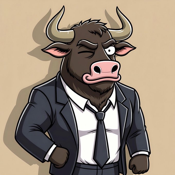 The image features a cartoon bull dressed in a suit, tie, and jacket with a mustache. The bull has its eyes closed and appears to be in a pose of contemplation or deep thought. The background color is brown, which complements the overall design of the image. The caption "Thats the lesser spotted don' tell my wife I longed the top" suggests that there might be some sort of connection between the bull's attire and its facial features.