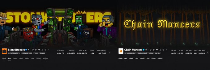 A side-by-side comparison image showing two crypto token pages, 'StonkBrokers' with a pixel-art stock market theme and 'Chain Mancs' with a pixel-art mafia theme, both displaying price and market cap stats.