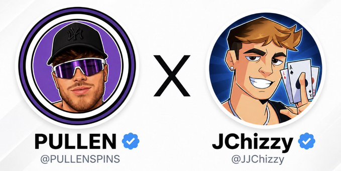 The image shows promotional graphics for two Twitter/X accounts: "PULLEN" (@PULLENSPINS) and "JChizzy" (@JJChizzy), separated by an "X" symbol to indicate a collaboration or partnership. This visual relates to the post by highlighting the two accounts involved in the $250 x1 winner promotion that is ending.