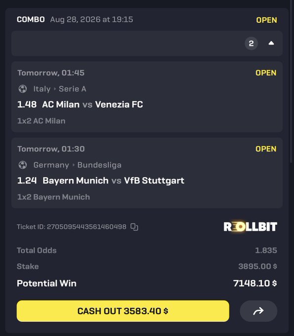 A screenshot of a Rollbit betting slip showing a combo bet placed on Aug 28, 2026, with $3,895 staked on AC Milan (1.48) vs Venezia FC and Bayern Munich (1.24) vs VfB Stuttgart, offering a potential win of $7,148.10. The user is sharing this first sports bet of the season as part of a giveaway promotion where one lucky participant will receive $500 for liking, retweeting, and commenting with their Solana address.