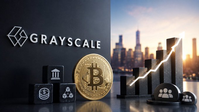 A promotional image featuring the Grayscale logo alongside a gold Bitcoin coin and a rising bar chart with an arrow, set against a city skyline at sunset.