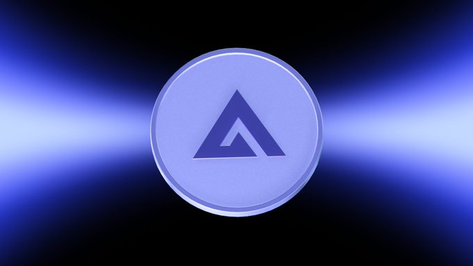 A purple circular token or coin featuring a stylized triangular 'A' logo floats against a black background with blue glowing flares on either side.