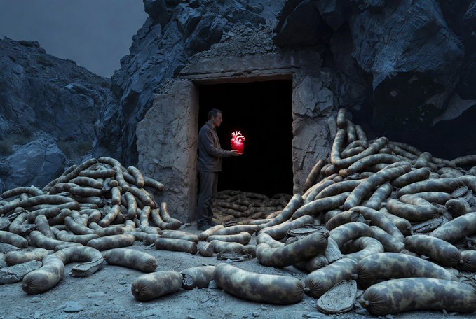 A man in a dark jacket stands at the entrance of a rocky cave holding a glowing red anatomical heart, surrounded by large piles of dark, segmented tubular objects resembling giant worms or intestines.
