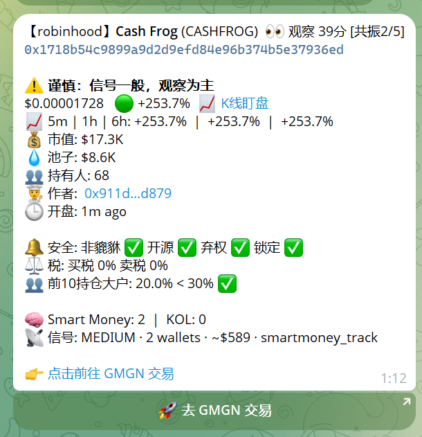 A Chinese-language Telegram message showing crypto token information for "robinhood" Cash Frog (CASHFROG) with price $0.00001728, +253.7% gain, market cap $17.3K, and various safety indicators.