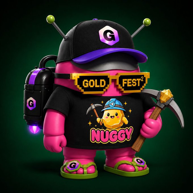 A vibrant pink mascot wearing pixelated "GOLD FEST²" sunglasses, a black cap and t-shirt featuring "NUGGY," holds a pickaxe alongside a jetpack, promoting the Gold Fest Game event with a $1.0M prize pool. The character visually ties to the post's call to complete Gold Fest tasks and engage with the Hoppr Genesis collection for rewards.