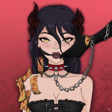 An anime-style illustration of a dark-haired female character with horns, yellow eyes, and a spiked choker, with a gloved hand covering her mouth against a red background.