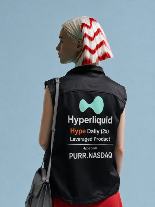 A woman with blonde and red zigzag-patterned hair stands in profile, wearing a black vest branded with the Hyperliquid logo and the text "Hype Daily (2x) Leveraged Product — Hype code: PURR.NASDAQ," with a black bag slung over her shoulder. The image visually reinforces the post's thesis by depicting the HYPE token dressed in the apparel of traditional financial instruments—leveraged NASDAQ products and ticker codes—symbolizing its potential transition from a crypto asset to mainstream financial infrastructure.