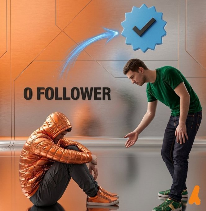 A 3D illustration depicts a person in an orange hoodie sitting with '0 FOLLOWER' above them, while another person reaches out toward a blue verification checkmark icon.