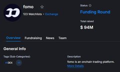 The image shows a dark-themed promotional graphic from Fomo featuring a numbered list highlighting key platform benefits—#1 "Discover Trending Gems," #2 "Unified DEX/CEX," #3 "High Trading Volume," #4 "Multiple Chains," #5 "Onchain Info," and #6 "Connect to Devs"—alongside text emphasizing its $94M funding and Coinbase backing, directly supporting the post's promotion of the Fomo airdrop.