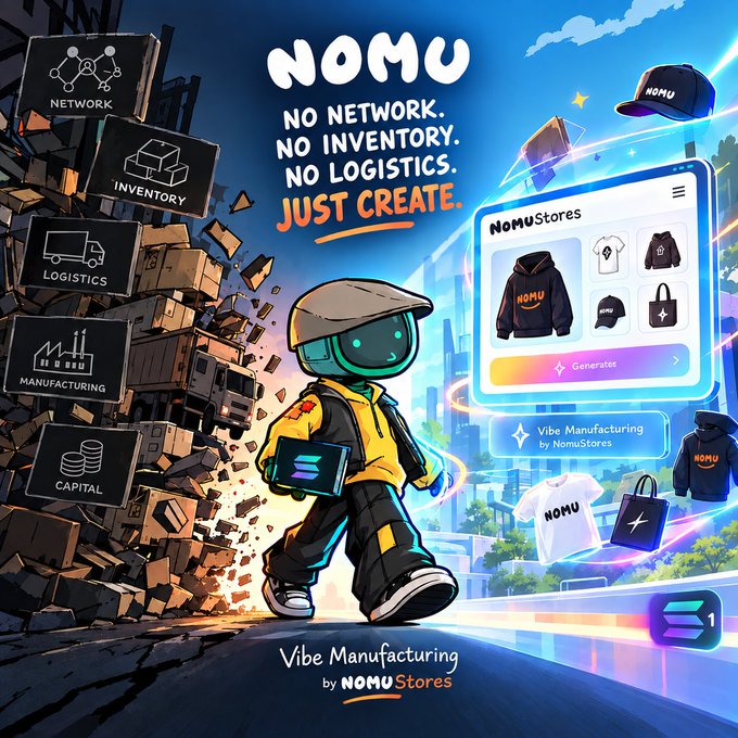 Promotional graphic for "NOMU" featuring a cartoon character, with text "NO NETWORK. NO INVENTORY. NO LOGISTICS. JUST CREATE." and "Vibe Manufacturing by NomuStores".