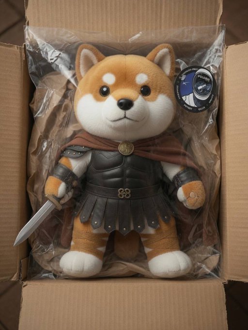 Shiba Inu plush toy dressed in Roman warrior/gladiator armor with a cape and sword, sealed in plastic inside a cardboard box.