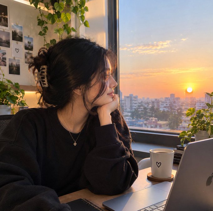 A young woman with dark hair in a clip rests her chin on her hand while looking out a window at a sunset over a cityscape, with a laptop and coffee mug on her desk.