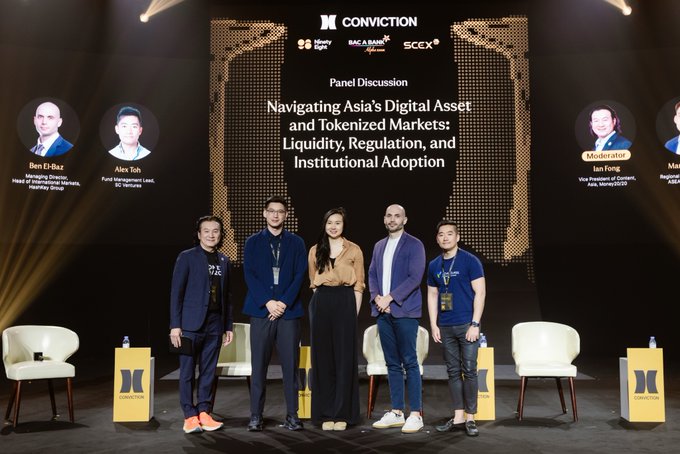 Five panelists stand on stage at the Conviction 2026 conference, with the screen behind them displaying the panel title "Navigating Asia's Digital Asset and Tokenized Markets: Liquidity, Regulation, and Institutional Adoption" and featuring speakers Ben El-Baz, Alex Toh, and moderator Ian Fong. The image captures the moment following the discussion on institutional adoption of digital assets in Asia, with the panelists posing together on stage.