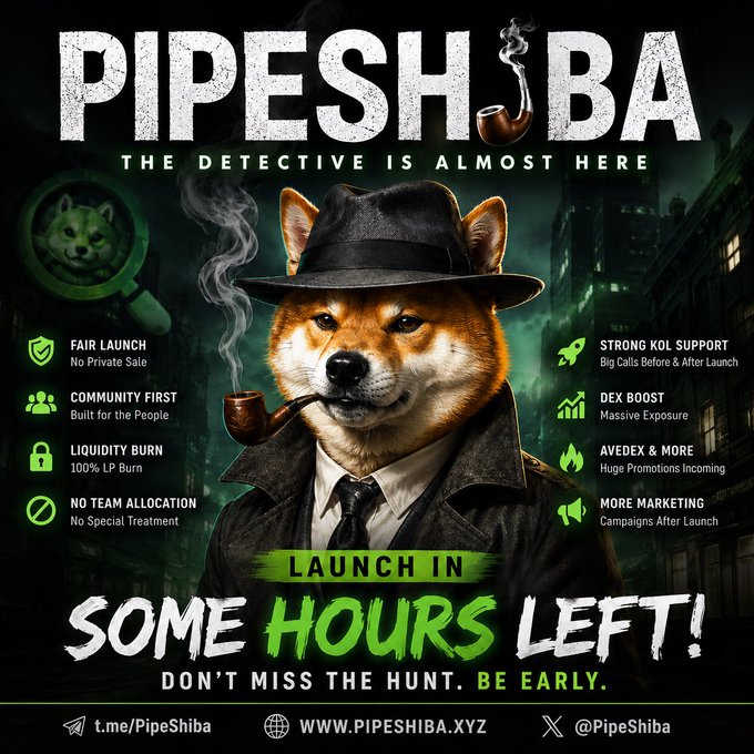 A promotional graphic for the cryptocurrency PIPESHIBA featuring a Shiba Inu dog dressed as Sherlock Holmes with a pipe, advertising a launch with 'SOME HOURS LEFT!' and links to t.me/PipeShiba and WWW.PIPESHIBA.XYZ.
