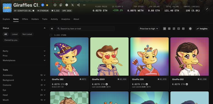 A screenshot of the 'Giraffles CL' NFT collection page on a marketplace, showing giraffe character avatars with prices in ETH and statistics displayed at the top.