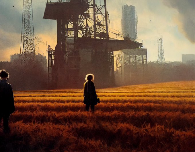 Atmospheric digital illustration of two figures standing in a golden grass field facing a massive rusted industrial structure with smokestacks and towers under a hazy sky.