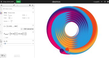 A split-screen showing a Desmos mathematical graphing interface with equation 'b-0' on the left and a colorful, swirling 3D torus visualization on the right.