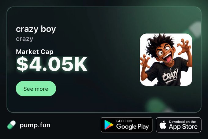 A promotional graphic for the cryptocurrency 'crazy boy' on pump.fun, showing a market cap of $4.05K alongside a cartoon character wearing a black 'CRAZY' shirt.