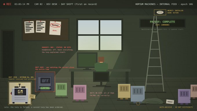 A pixel-art office scene from the game 'Hopium Machines' showing a worker at a desk during 'DAY SHIFT (first on record),' with various unit statuses, paydays complete, and units 2920 and 4683 details visible.