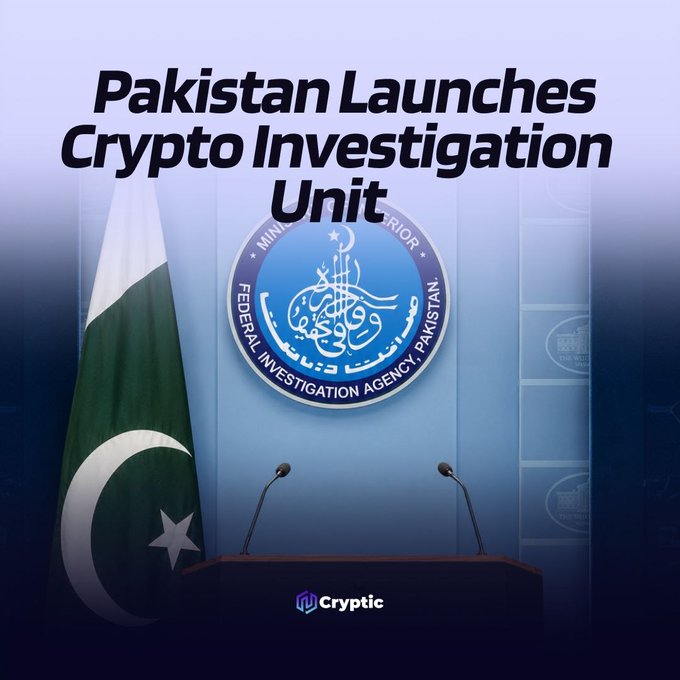 A graphic featuring the Pakistani flag alongside the Federal Investigation Agency (FIA) emblem and a podium, with the headline "Pakistan Launches Crypto Investigation Unit" and the Cryptic logo, illustrating Pakistan's establishment of a specialized FIA unit to investigate digital asset-related crimes including money laundering, terrorist financing, and fraud.