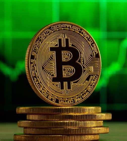 A golden Bitcoin token prominently displays "BITCOIN DIGITAL DECENTRALIZED PEER TO PEER" and "FINE COPPER" inscriptions, standing upright on a stack of similar coins against a green grid background. The image visually reinforces the post's bullish forecast of BTC reaching $84,000, symbolizing optimism and rising value in the cryptocurrency market.