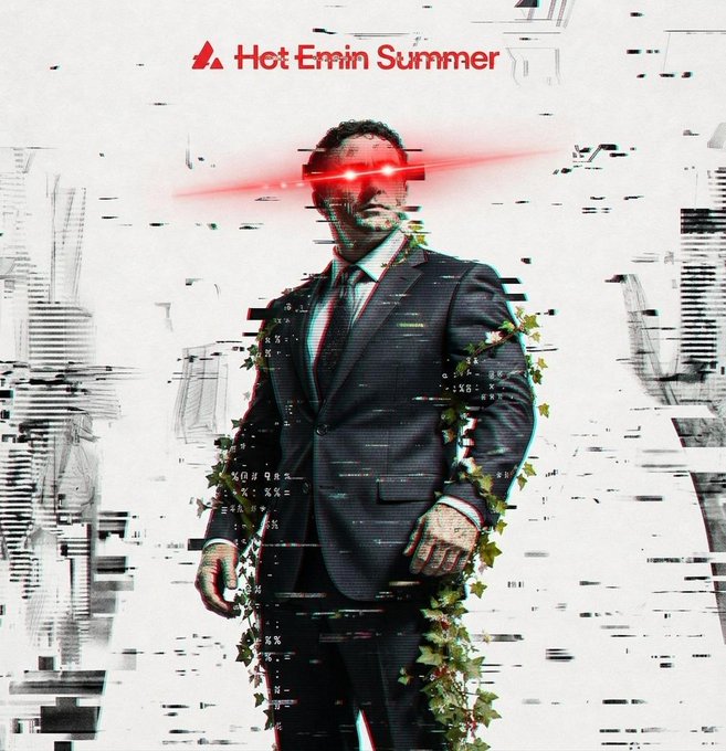The image features an animated man dressed in a suit, with red laser beams coming from his eyes. The man appears to be wearing sunglasses as well. The background of the image is white, which contrasts with the vibrant colors of the man's suit and the red laser beams. The text "HotEminSummer" is written above the man, indicating that this is a promotional post for the movie "Hot Emmin Summer".