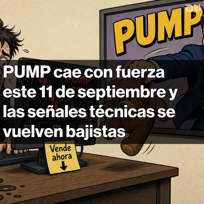 A meme-style cartoon image with Spanish text reading "PUMP cae con fuerza este 11 de septiembre y las señales técnicas se vuelven bajistas" over an illustration of someone throwing a teddy bear at a computer screen labeled "PUMP".