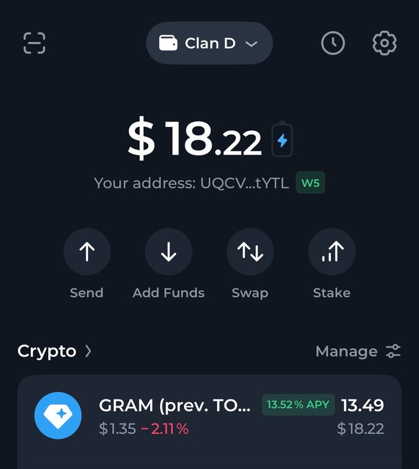 Screenshot of a cryptocurrency wallet app showing a balance of $18.22 and an address starting with 'UQCV...tyTL', with options for Send, Add Funds, Swap, and Stake.