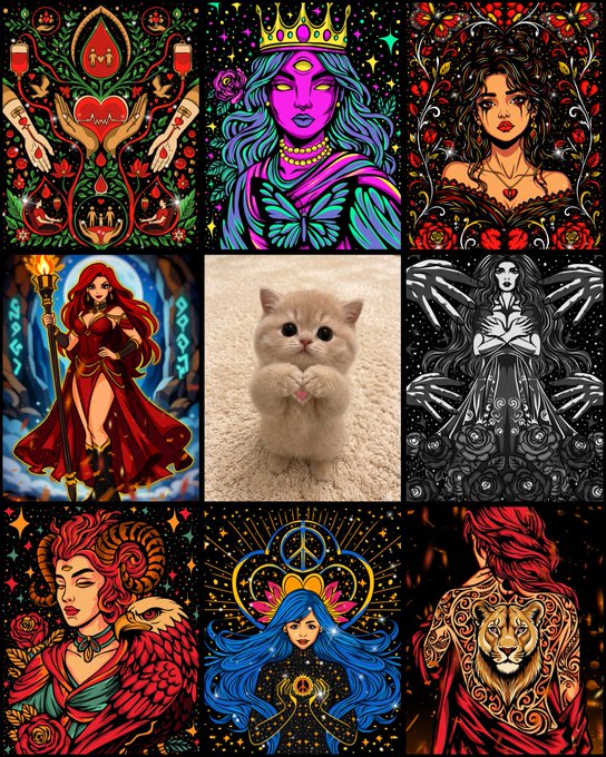 A 3x3 grid of nine vibrant, mystical artworks—featuring crowned figures, florals, a candle ritual, a sorceress with a torch, an adorable kitten, gothic angels, a phoenix queen, a blue-haired goddess, and a tiger portrait—showcasing the artist's colorful creative range. The post reflects on patience and identity in the Tezos art space, celebrating this eclectic "world of colours."