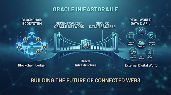 A blue-toned infographic titled 'ORACLE INFRASTORAILE' illustrating blockchain ecosystem, decentralized oracle network, and real-world data connections.