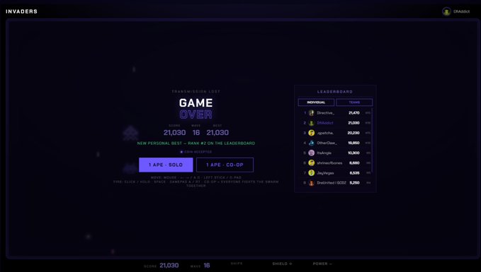 A 'GAME OVER' screen from the game Invaders, showing a score of 21,030 with wave 16 reached, displaying options to redeem coins and a leaderboard on the right.