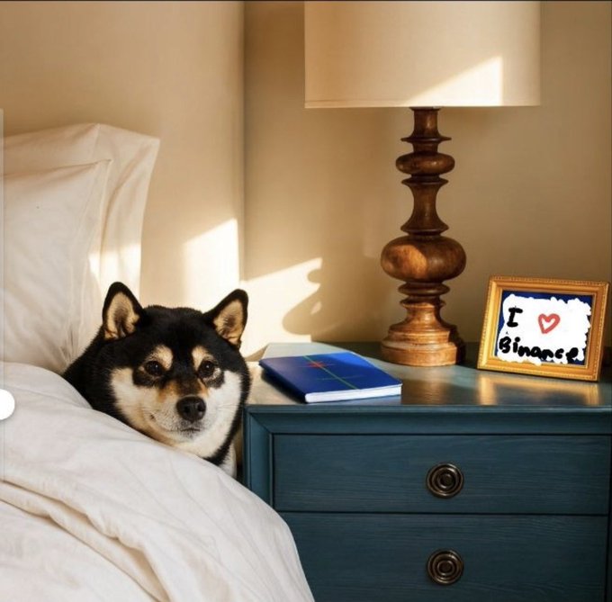 A black and tan Shiba Inu dog peeks out from under white bedding next to a blue nightstand, which holds a lamp, a book, and a framed sign reading "I ♥ Binance."