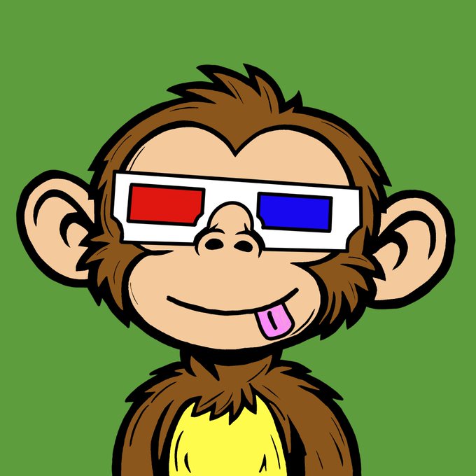 Cartoon monkey wearing red-blue 3D glasses with its tongue sticking out, set against a green background.