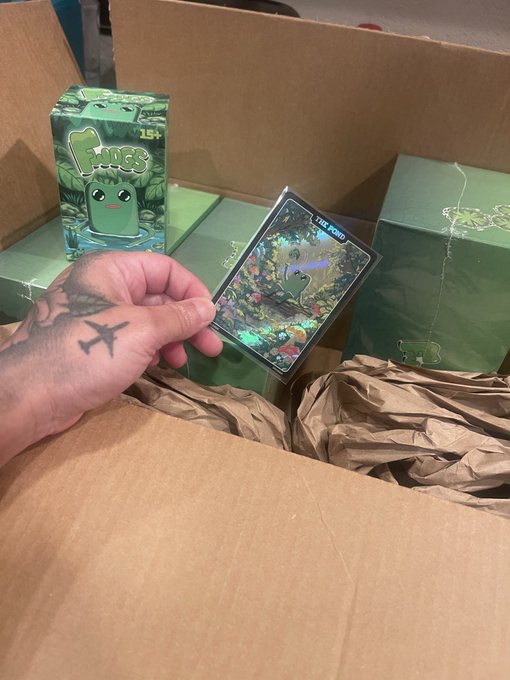 A tattooed hand holds a holographic Pokemon trading card above a cardboard box containing green 'Fudgs' blind box packaging.
