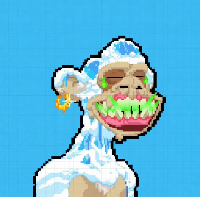 A pixel art illustration of a grotesque monkey-like creature with a wide toothy grin, wearing a blue-and-white striped shark outfit against a blue grid background.