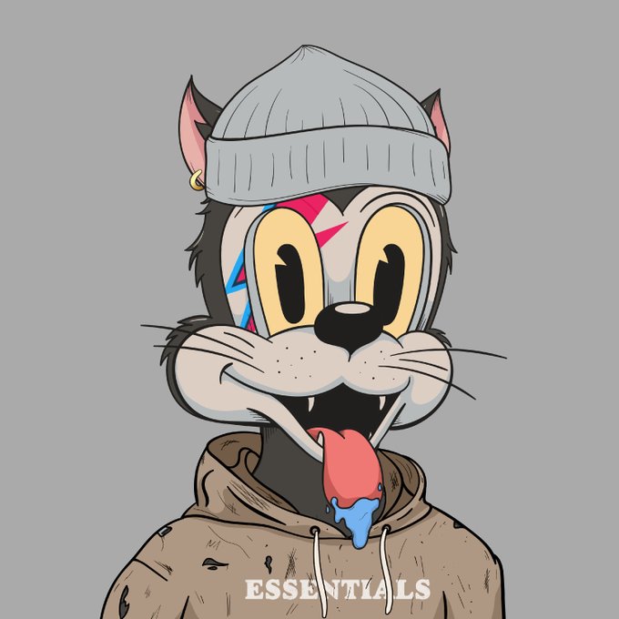 An illustration features a cartoon cat character with large eyes, wearing a gray beanie and an 'ESSENTIALS' hoodie, with its tongue hanging out.