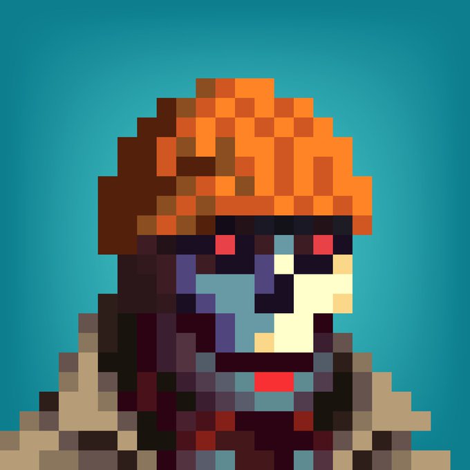 A pixel art portrait of a hooded figure with glowing red eyes and orange hair, set against a teal background, likely serving as the official avatar or mascot for the Genuine Undead website community.