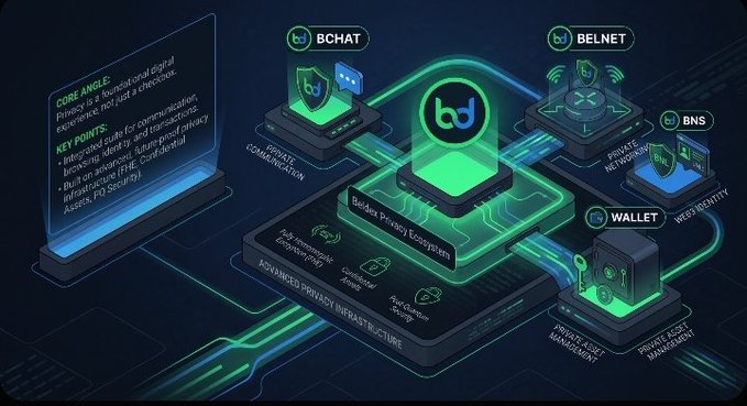 An infographic for Beldex (bd) showcasing its privacy ecosystem, including 'BCHAT', 'BELNET', 'BNS', and 'WALLET' components, with a 'CORE ANGLE' panel explaining its focus on privacy.
