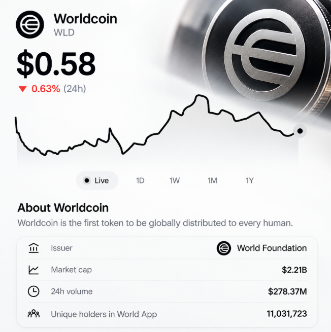 Worldcoin (WLD) cryptocurrency chart showing a price of $0.58, down 0.63% in 24h, with a market cap of $2.21B and 11,031,723 unique holders.