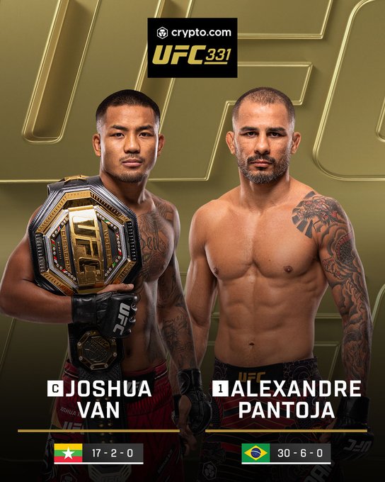 This promotional image for UFC 331, sponsored by Crypto.com, features flyweight champion Joshua Van holding the UFC belt on the left, facing off against challenger Alexandre Pantoja on the right, with both fighters' records displayed (Van: 17-2-0 representing Myanmar, and Pantoja: 30-6-0 representing Brazil), teasing their championship rematch now streaming live on Paramount Plus.