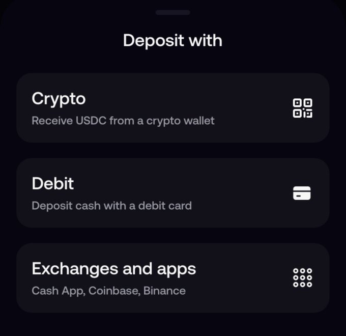 A 'Deposit with' mobile interface offering three options: Crypto (USDC wallet), Debit card, and Exchanges and apps (Cash App, Coinbase, Binance).