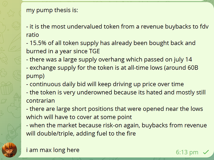 A Telegram message outlining a "pump thesis" for a token, citing undervaluation, 15.5% token buyback/burn since TGE, supply overhang clearing on July 14, low exchange supply of ~60B pump, and large short positions, ending with "i am max long here."
